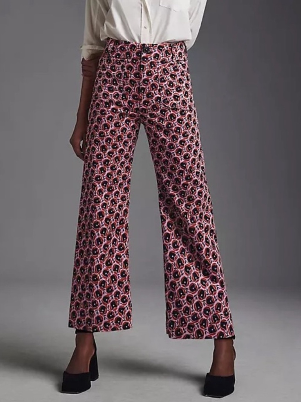 Maeve Pink & Black Cropped Wide-Leg Patterned Pants
